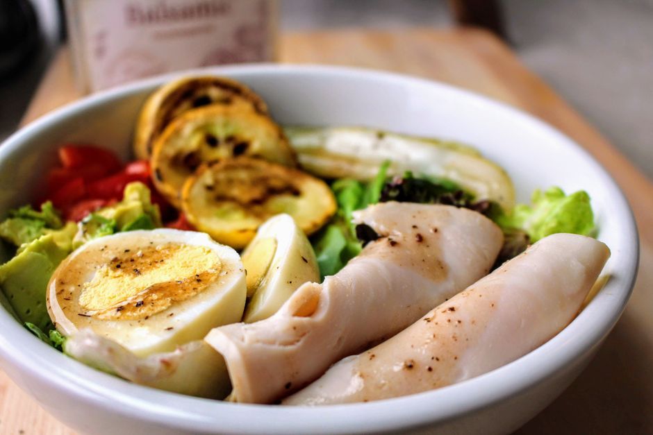 A tasty and nutritious salad featuring eggs, tomatoes, and turkey in a bowl.